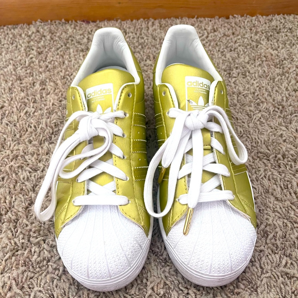 adidas Gold and White Superstar Sneakers